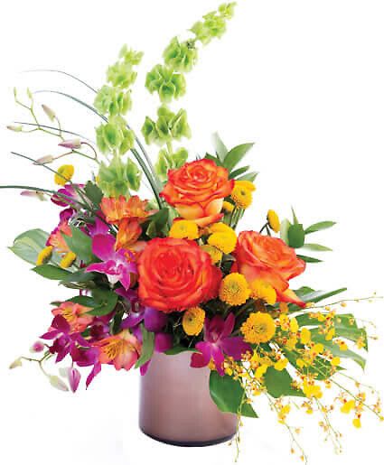 Orchid Rose Paradise - Send a little bit of paradise their way with our Orchid Rose Paradise arrangement. Stunning High Magic roses and two varieties of orchids bring the tropics to life in vibrant shades orange, yellow, and purple.  Includes Bronze Colored Glass Container, Greens: Variegated Pittosporum, Salal, Monstera Leaves, Lily Grass, Flowers: High Magic Roses, Yellow Button Poms, Redyellow Alstroemeria, Bells Of Ireland, Purplewhite Dendrobium Orchids, Yellow Oncidium Orchids.