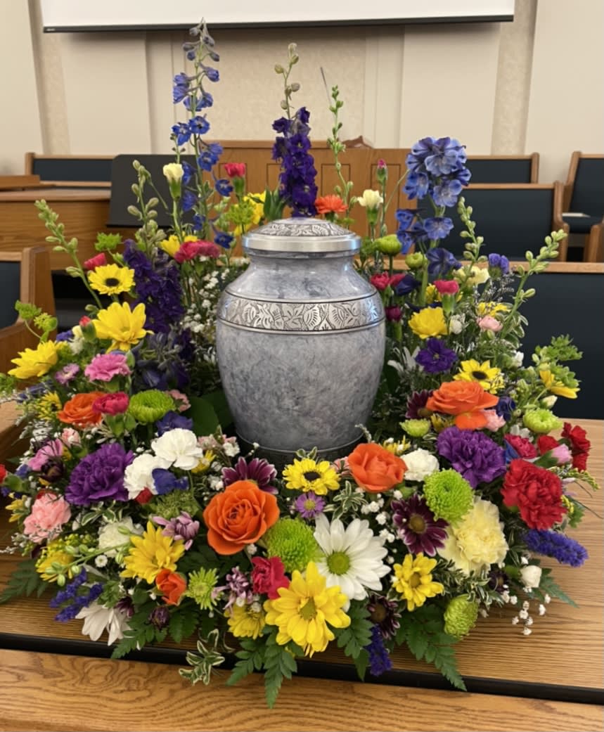 Colorful funeral urn surround with mixed flowers around a silver urn