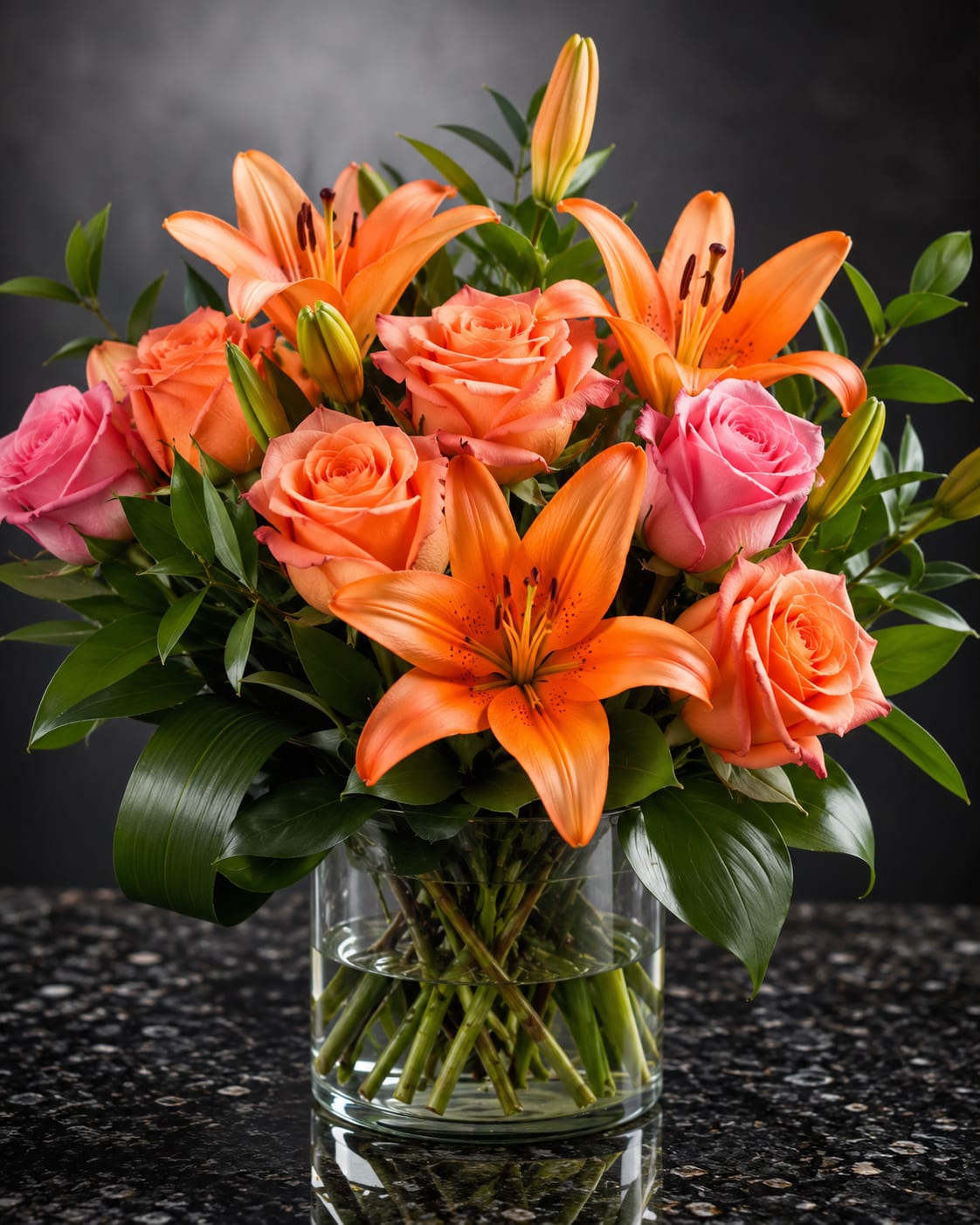 Orange Elegance - Bright orange lilies and soft pink-and-peach roses create a joyful, romantic birthday bouquet that makes the recipient feel celebrated the moment it arrives. Designed as a cheerful anniversary or general celebratory gift, this arrangement's vivid orange and pink palette reads as lively and affectionate-perfect for the person you want to brighten and delight.  The flowers are tightly clustered into a rounded bouquet set in a clear cylindrical glass vase, with glossy green foliage filling the sides and base for a full, balanced silhouette. Textures range from the lilies' sculpted petals to the velvety rose blooms, giving visual depth and a fresh, fragrant presence on tabletops or mantels. The compact, vase-ready size makes it an easy, immediate display piece that looks thoughtfully arranged without extra fuss.  Send this when you want someone to feel truly seen-whether it's for a birthday, anniversary, or just because. The arrangement arrives ready-to-enjoy in the included clear glass vase; refresh water every two days and trim stems slightly if you want to extend vase life.