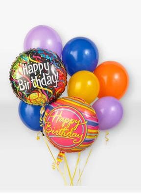 Cluster of colorful birthday balloons with two printed foil balloons