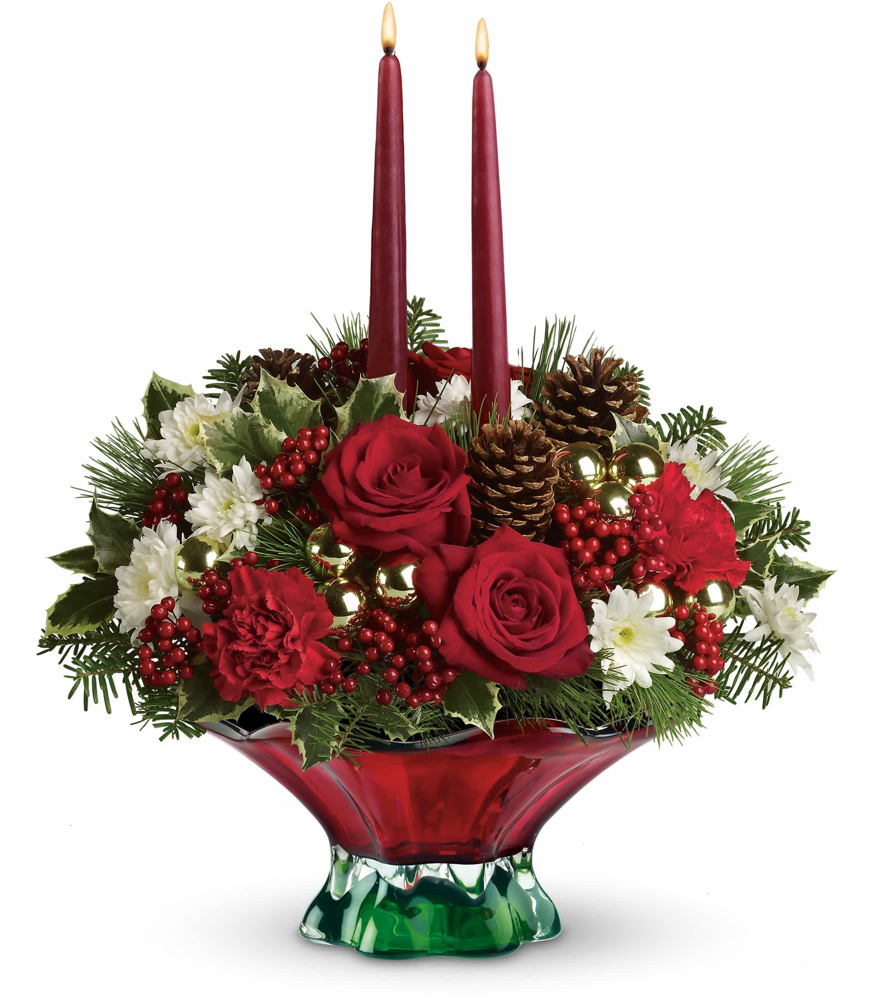 Teleflora's Always Merry Centerpiece - They'll have a swell NoÃ«l with this gorgeous Christmas flower centerpiece to feast their eyes on. Stunning holiday flowers in a delightful hand-blown glass bowl in classic Christmas colors - what could be merrier?    The elegant holiday centerpiece includes red roses, red carnations, white cushion spray chrysanthemums, variegated holly, silver fir and white pine accented with gold ornament balls, pinecones and red berry spray.    Approximately 15" W x 18" H    Orientation: All-Around    As Shown : T11X110A  Deluxe : T11X110B  Premium : T11X110C