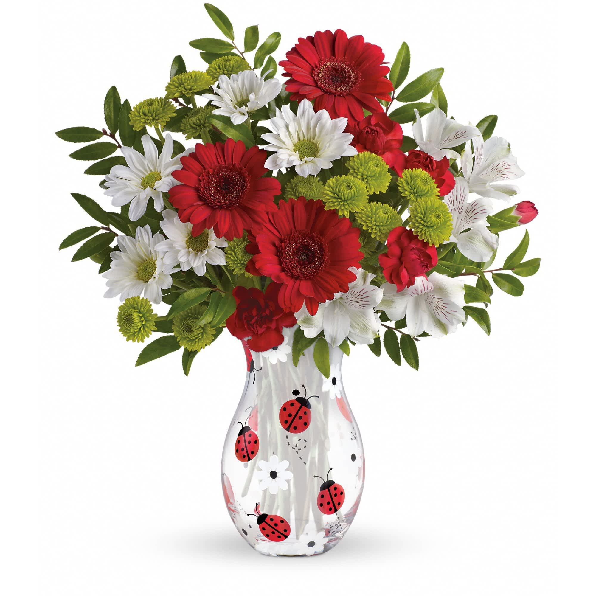 Teleflora's Lovely Ladybug Bouquet - Say "thank you" to the people in your office with this colorful bouquet! Presented in a charming ladybug vase-it is the perfect way to show your gratitude.  