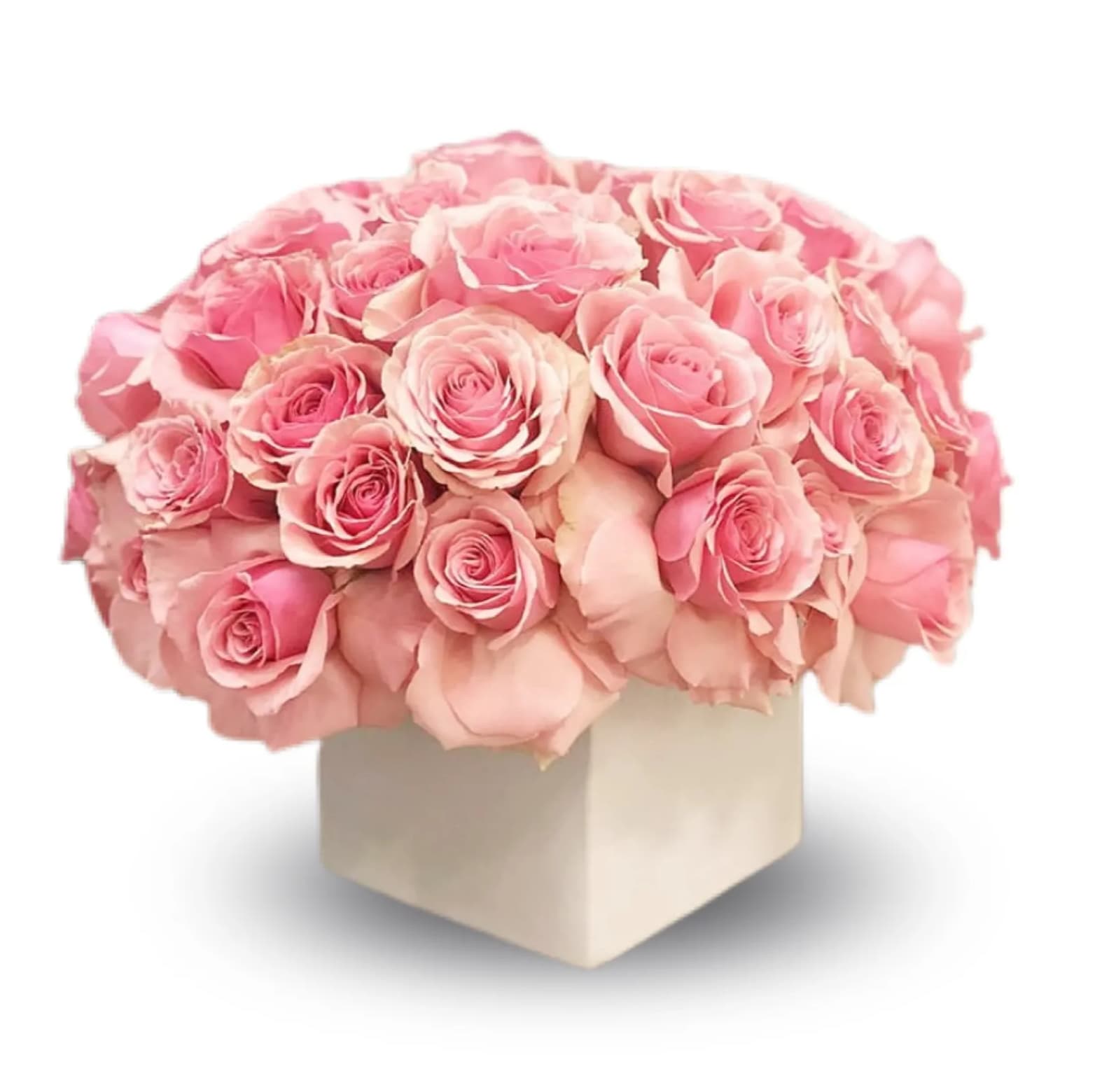 Bouquet of pink roses in a square box