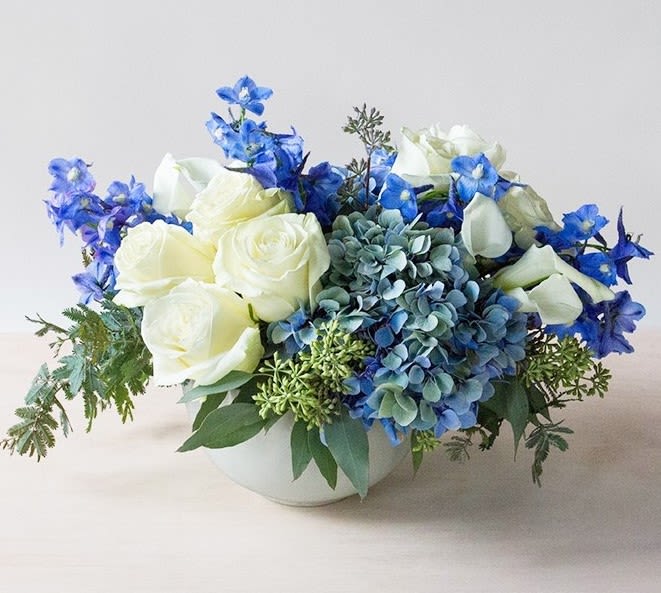 White roses and blue hydrangeas arranged in a low white bowl