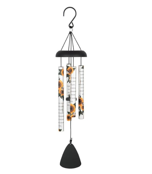 Wind chime "Family" - These aluminum 21" wind chimes with a sunflower design feature the saying "Family fills your life with joy, your soul with sunshine and your heart with love" on UV printed tubes (3/4" diameter). Adjustable striker.