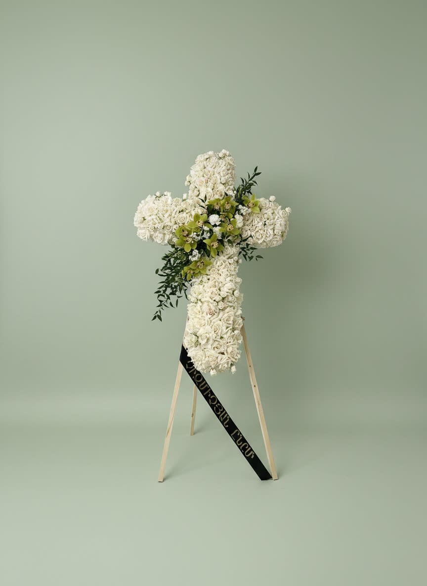 God's grace - Elegant white funeral cross arrangement. Designed with a mix of roses, spray roses, hydrangeas, lisianthus, and stock.  Due to the seasonality of flowers or supply chain issues, substitutions may occasionally need to be made. While we understand this is an inconvenience, we will fill your order with an arrangement of similar color and design style.