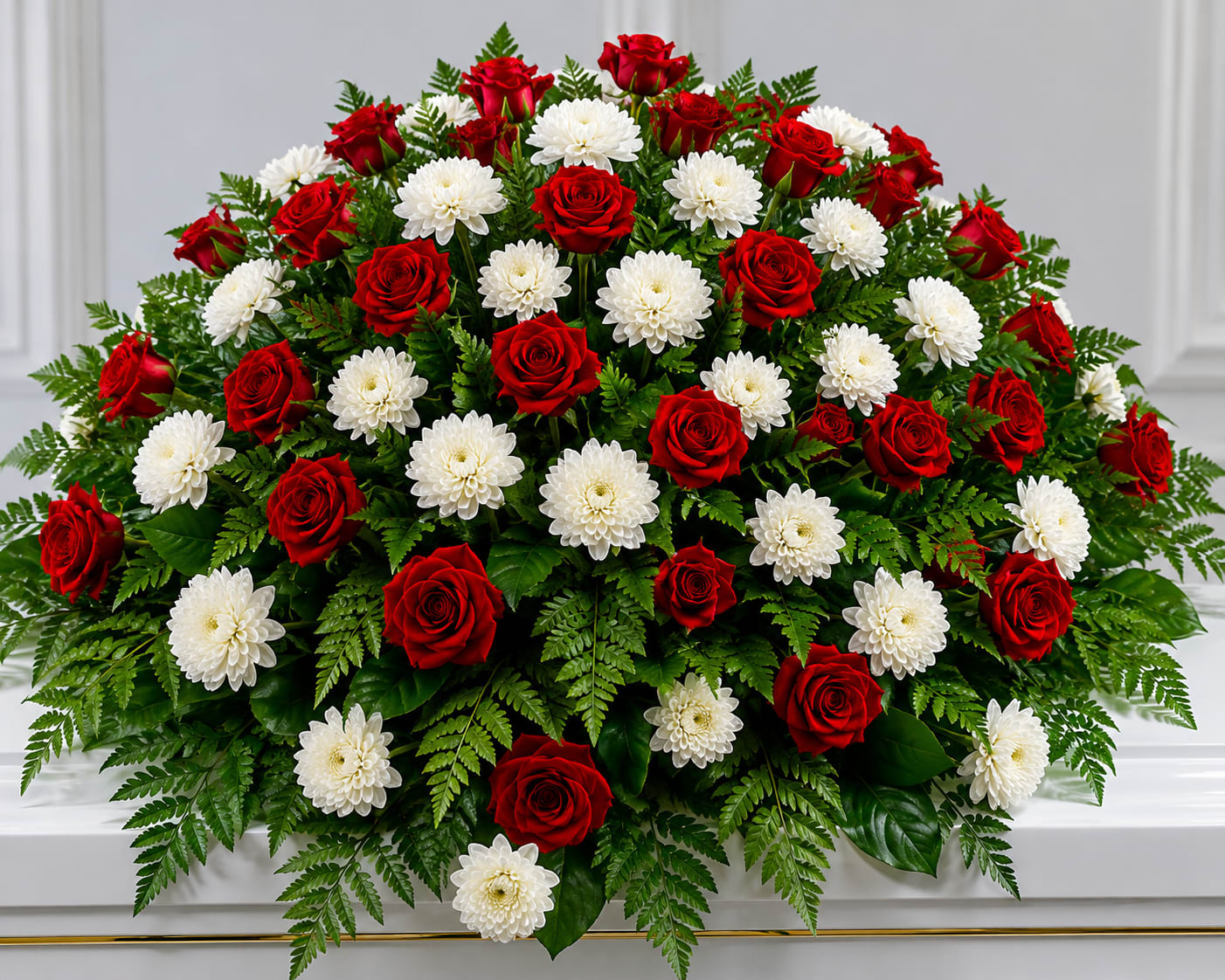 Red/White Casket Spray - Red roses and white chrysanthemums with a touch of greenery make this casket spray a beautiful tribute