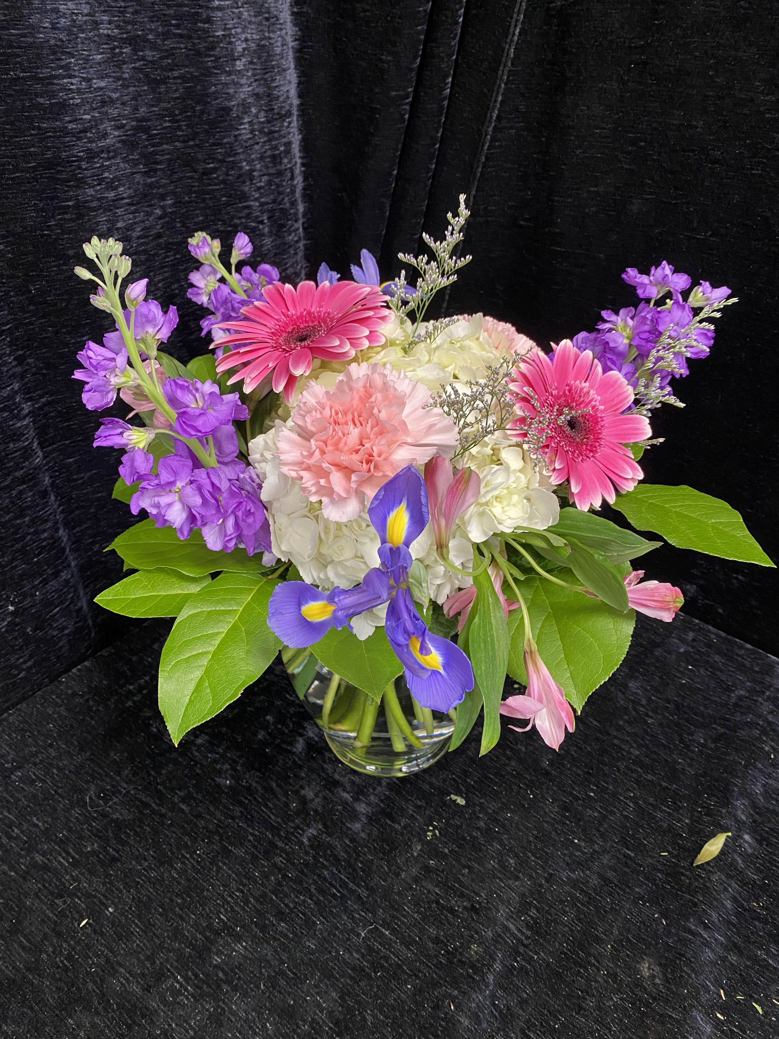 Full of Joy Arrangement - Arrangement includes Hydrangea, Stock, Gerbera Daisies, Carnations, Iris and Caspia. Flowers may vary.