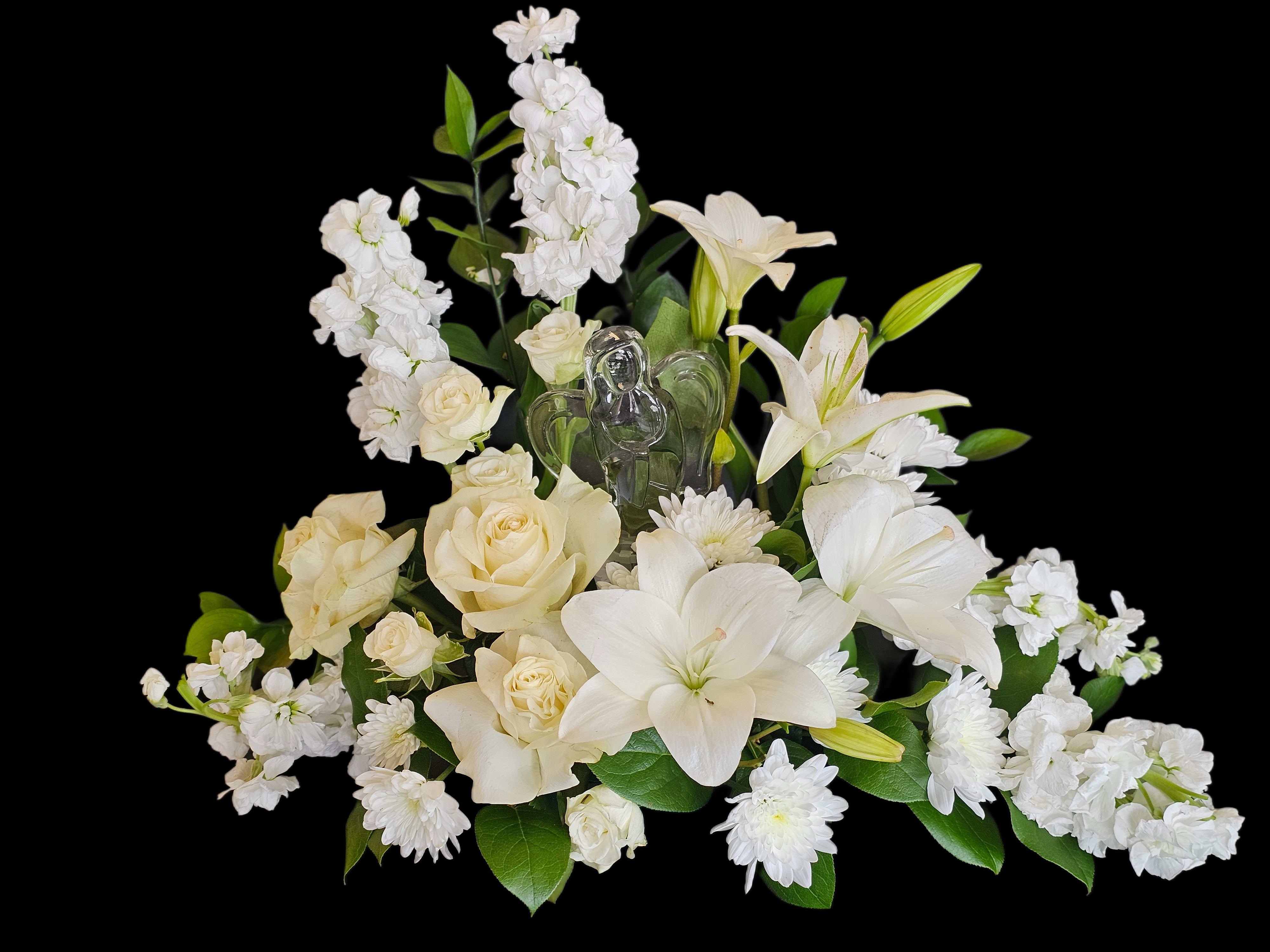 Crystal Guardian Angel   - Made to convey sympathy with quiet dignity, this arrangement is suitable for memorial services, funerals, or to send to someone who needs comfort. The clear crystal angel keeps the look simple and timeless; order with delivery notes for funeral home drop-off or a specific delivery time to ensure it arrives when it matters most.
