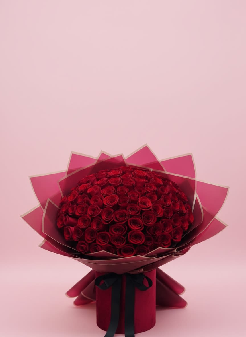Red Roses Romance  - 100 red roses bouquet wrapped 
