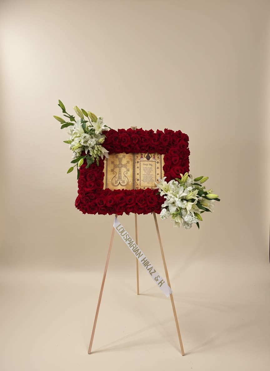 Heavens doors - This funeral piece has florals around a piece/quote of a bible quote. We do not provide the Bible quote. This arrangement has the following florals; Roses, spray roses, stock, hydrangea, and greenery. 
