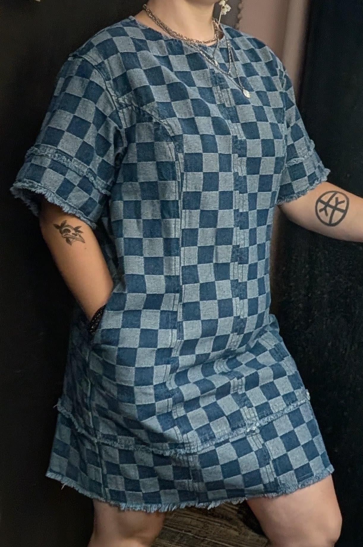 Checkered Denim Dress - A checkered denim dress with a zipper in the back, and pockets. Available in sizes S,M,L.