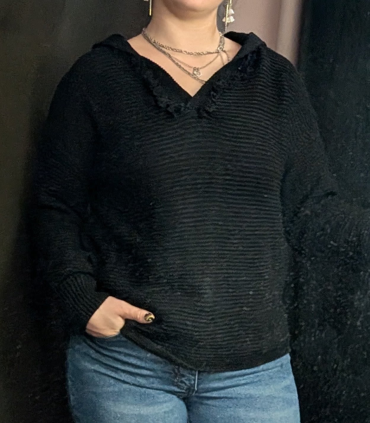 Knit Hooded Sweater - Knit sweater with fringe detail on collar and hood. Available in sizes S,M,L.