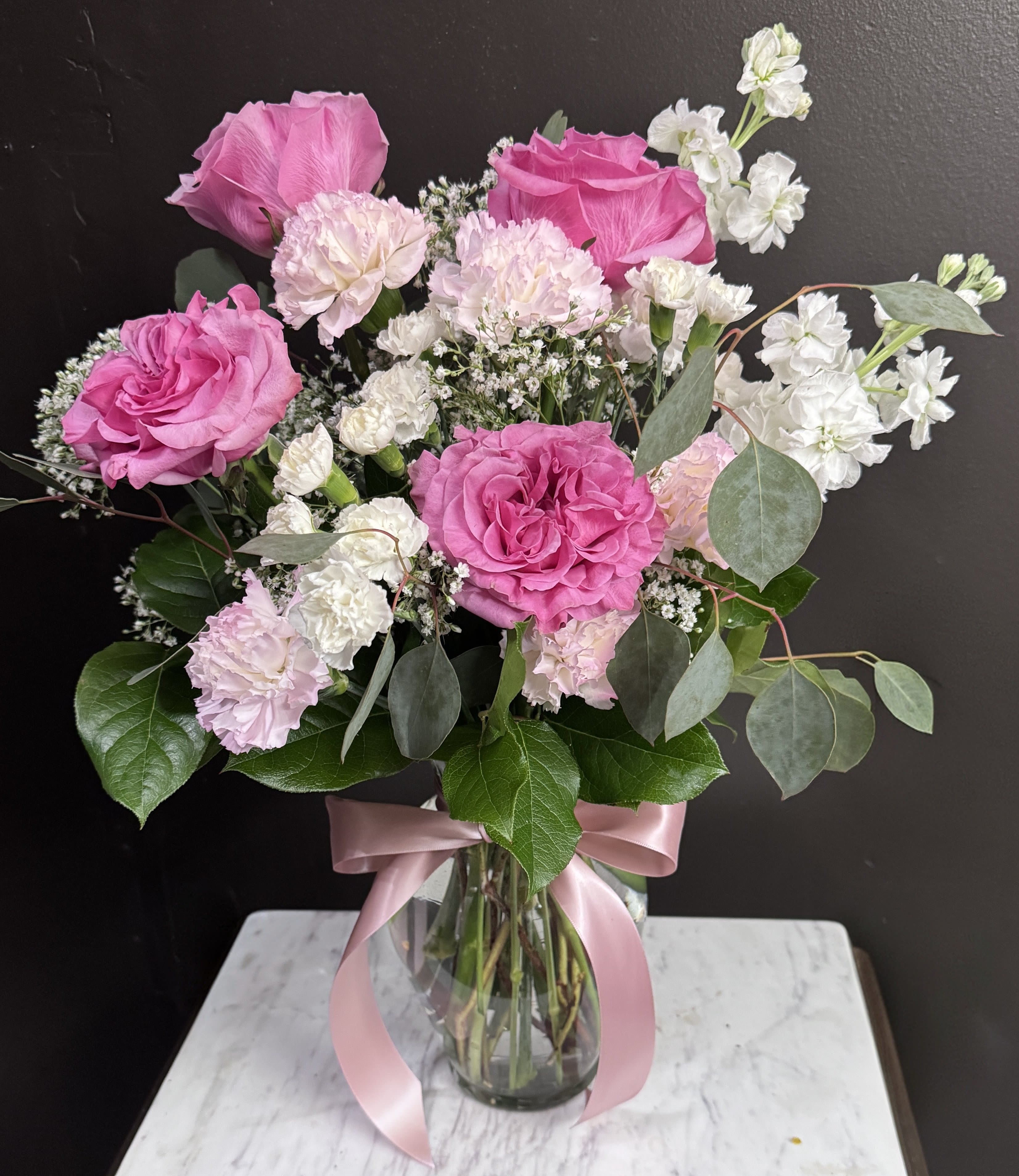 Pinky Promise - Soft pinks and whites in a clear glass vase.