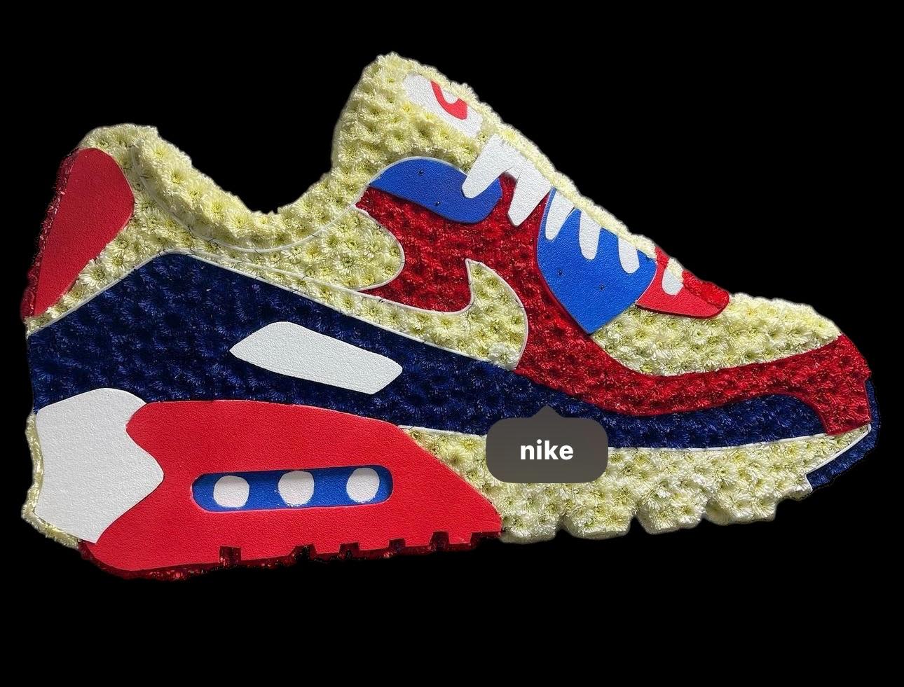 Nike sneaker-shaped decorative piece with red, blue, white, and cream textures
