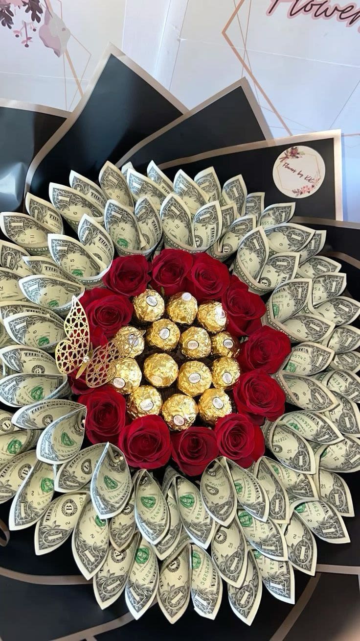 Bouquet of red roses with dollar bills and gold-wrapped chocolates