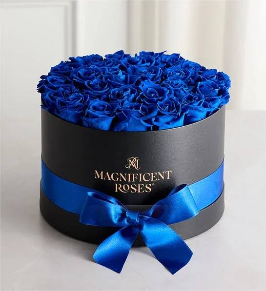 Blue roses arranged in a black round box with a blue ribbon