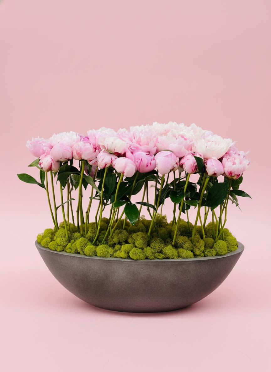 Peony Oasis - A luxurious garden-style arrangement showcasing delicate blush pink peonies elegantly displayed in a modern low bowl. Each bloom rises gracefully from a lush bed of preserved green moss, creating the illusion of a blooming peony garden. This sophisticated design brings together natural beauty and contemporary elegance, making it a breathtaking centerpiece for birthdays, anniversaries, sympathy, congratulations, or simply to brighten someone’s day.