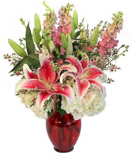 Everlasting Caress - A little piece of heaven on Earth, Everlasting Caress is a romantic design brimming with stargazers and hydrangeas. Send this for a special anniversary treat or a lovely surprise on Mother's Day.  Includes Red Ginger Vase, White Hydrangea, Pink Larkspur, Pink Stargazer Lilies, Pink Waxflower.