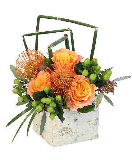 Modern Day Romance - Birch Wood Box , Foliage: Seeded Eucalyptus, Lily Grass, Equisetum, Orangeyellow Free Spirit Roses, Green Hypericum, Orange Pincushion Proteas.