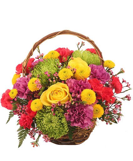 Colorfulness - Color is the name of the game in this blooming basket. From sunshine yellow roses and daisy poms to hot pink and lavender carnations, Colorfulness truly packs a punch. Send some color their way today and brighten up the world!  Includes Round Twiggy Vine Basket With Handle And Liner, Wet Floral Foam, Foliage: Leather Leaf, Green Fuji Spider Mums, Yellow Roses, Lavender Carnations, Yellow Button Poms, Hot Pink Mini Carnations, Lavender Waxflowers.