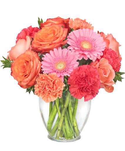 Petal Perfection - This bouquet is the perfect pop of color for any space! Petal Perfection is blooming with coral and peach roses, pink and orange carnations, and pink gerberas for a lively look that's full of beauty. Treat yourself to these vibrant flowers or send them to someone you love to brighten their day!  Includes Ginger Jar Vase, Foliage: Myrtle, Leather Leaf, Coral Roses, Peach Roses, Hot Pink Carnations, Orange Carnations, Pink Gerberas