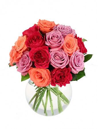 Rose Lovers - A special lady deserves special flowers! That’s why this arrangement of lavender, coral, and hot pink roses is perfect for all seasons and all reasons! Order now from our website and send her a surprise today!  Includes Large Bubble Bowl Foliage: Salal Tips, Leather Leaf&amp;nbsp, Lavender Roses&amp;nbsp, Coral Roses&amp;nbsp, Hot Pink Roses.