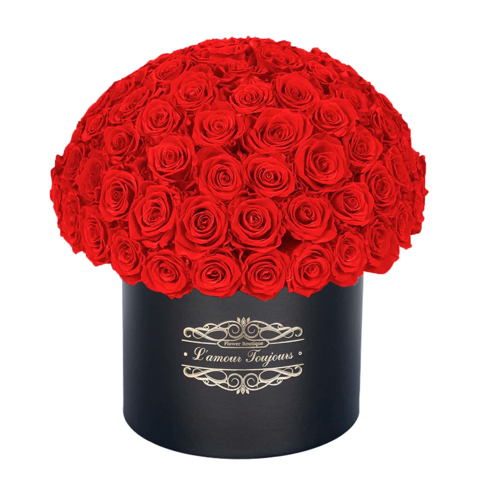 100 Red Everlasting Roses - Black Signature Box - • Everlasting roses are preserved real roses that last up to 3 years! By treating fresh roses with a unique method these roses become long lasting and keep their natural beauty, structure and softness. • Make a statement with our exquisite Ecuadorian real roses that bring uniqueness and sophistication to life. • Send stunning roses to your loved ones, a wife, a husband, a parent or a friend to let them know you remembered their special day. • Zero maintenance required: Everlasting roses hold tenderness and a natural fresh look, with no maintenance required.