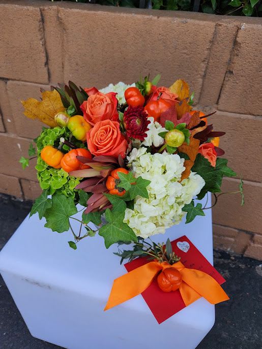 Hand-tied bouquet of orange roses and white hydrangeas with mini pumpkin accents and ivy, tied with an orange ribbon.