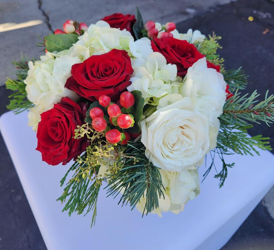 Low arrangement of red and white roses with white hydrangeas, berries, and evergreen accents