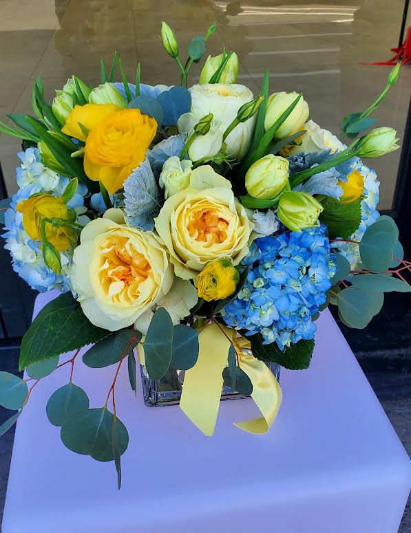 Yellow and cream roses with blue hydrangeas in a clear cube vase with trailing eucalyptus.