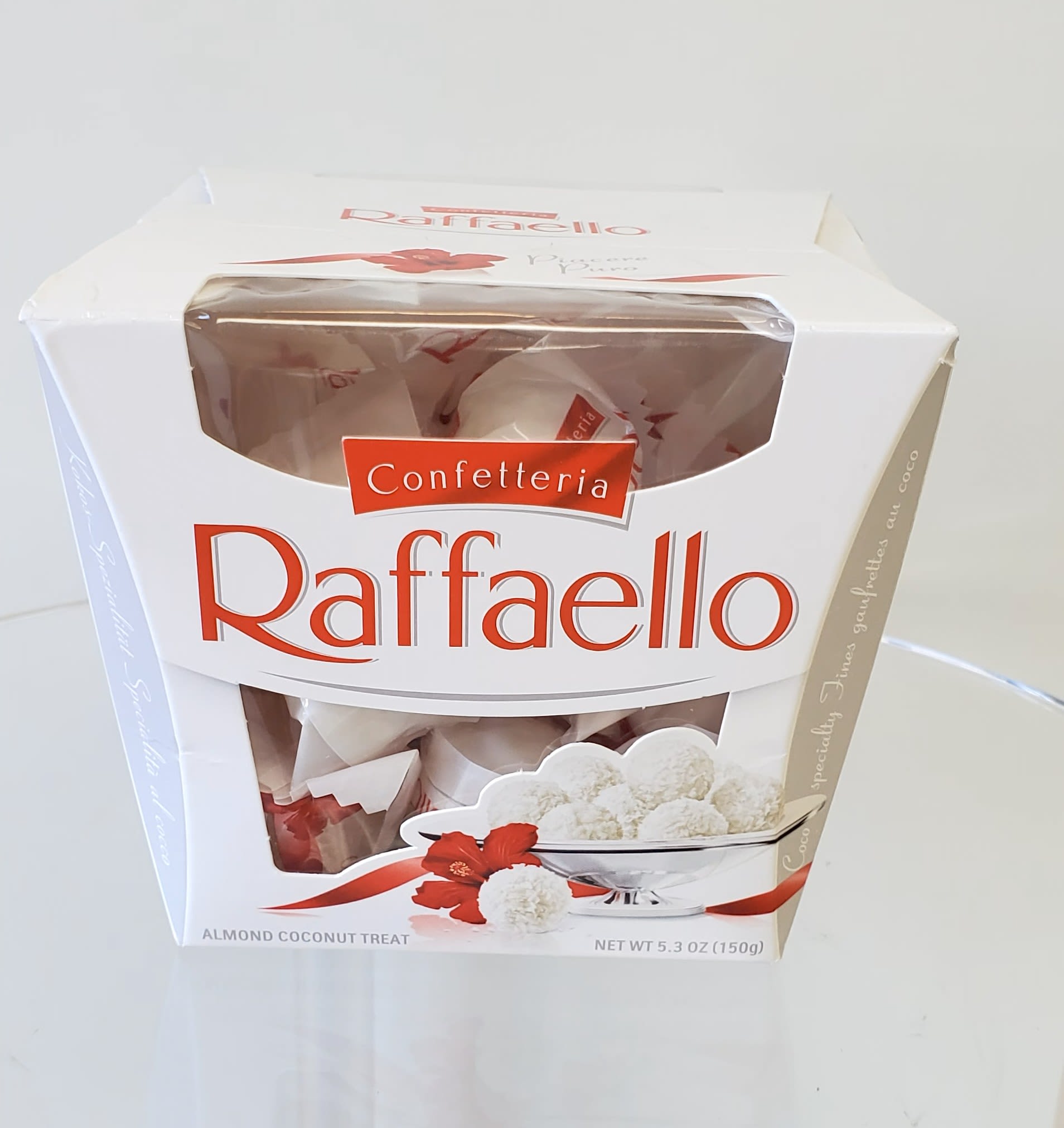 Box of Raffaello almond coconut treats with red and white packaging