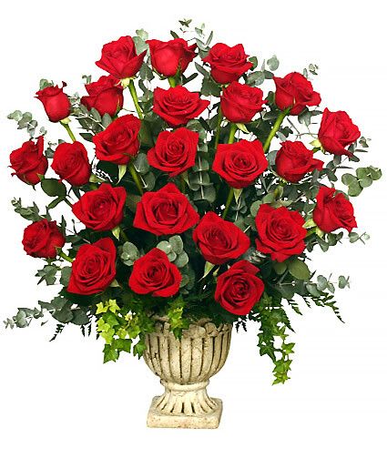 Regal Roses Urn - A beautiful Grecian urn filled with red roses and greenery. This funeral arrangement is an amazing tribute to your friend or loved one.  Includes Grecian Urn Container, Foliage: Ivy, Eucalyptus, Leather Leaf, Red Roses.