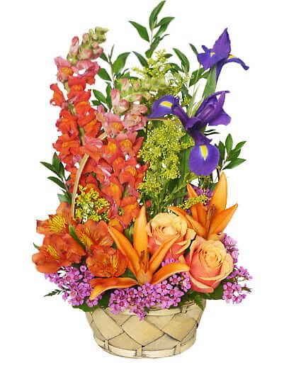 Multi-color Memories - Send best wishes with a beautiful and uplifting floral arrangement. This year, remind them how much they are loved and appreciated. Call our shop or order flowers from our website - anytime, 24/7.  Includes Round Basket With Handle And Liner,  foliage: Leather Leaf, Galax Leaves, Myrtle,   Orange Cherry Brandy Roses,   Blue Iris,   Peach Talisman Snapdragons,   Solidago,   Dark Orange Alstroemeria,   Orange Asiatic Lilies,   Lavender Waxflowers.