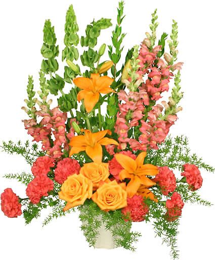 Spiritual Splendor - Foliage: Leather Leaf, Myrtle Tips, Sprengeri, Hot Pink Carnations, Orange Roses, Orange Lilies, Bells Of Ireland, Peach Snapdragons (Talisman), Mache Container. 