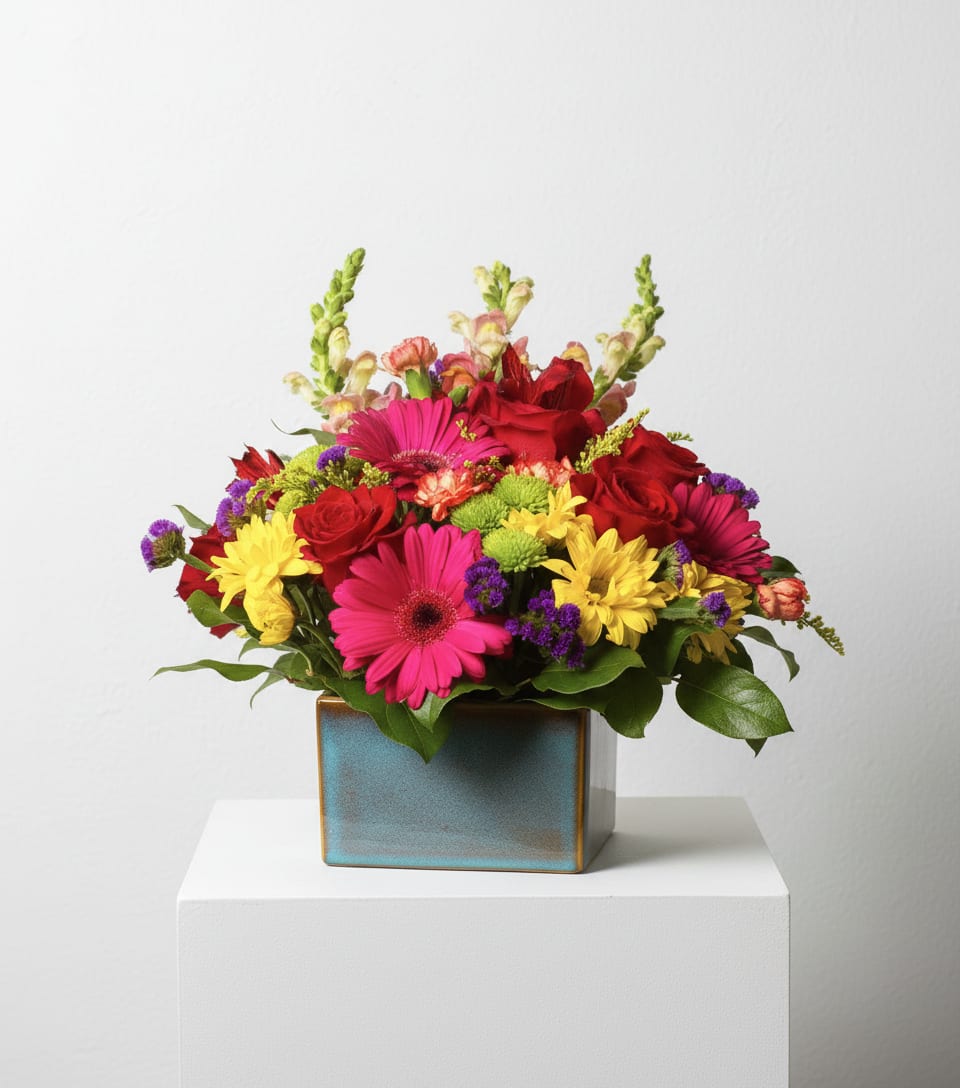 Colorful mixed bouquet in a square ceramic vase
