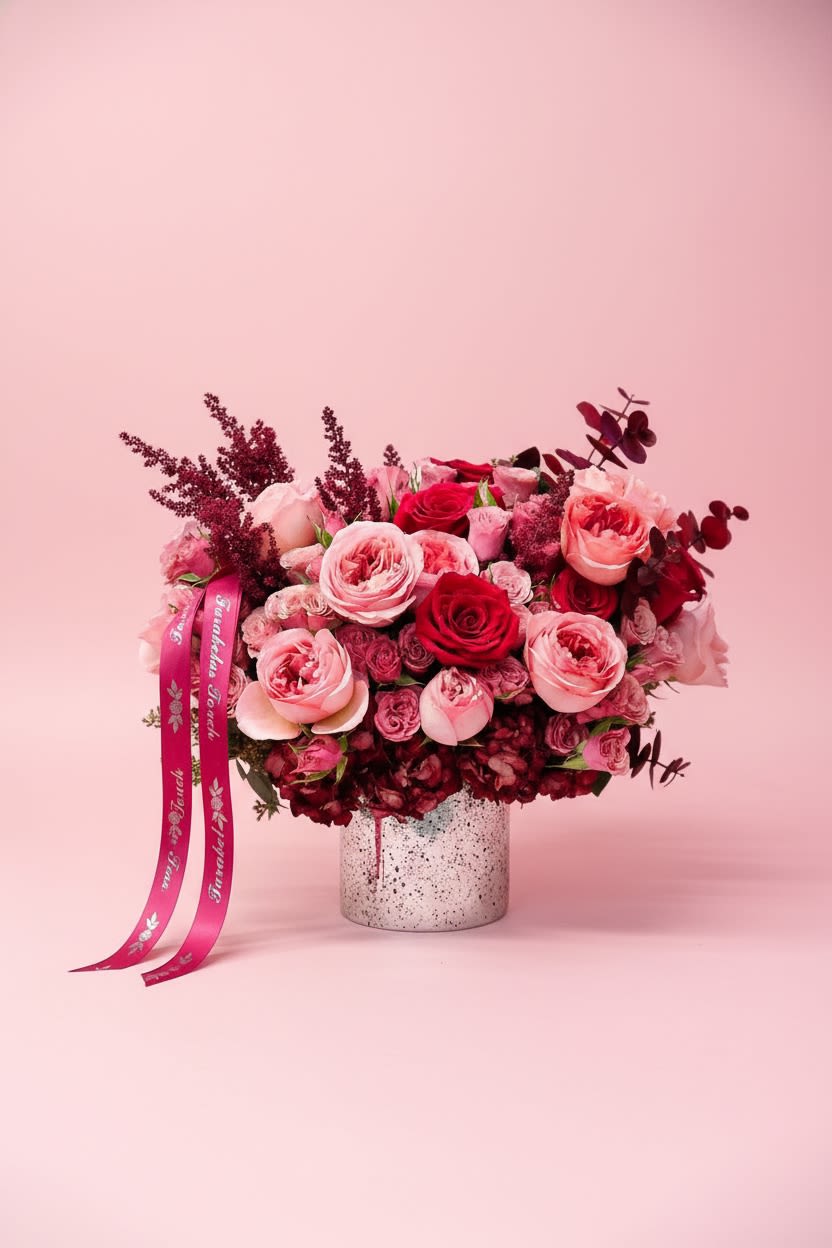 Burgundy Bliss - A lush, romantic floral arrangement overflowing with premium blush and crimson blooms. Featuring luxurious garden roses, classic roses, spray roses, hydrangea, and rich burgundy accents with eucalyptus, this design is artfully arranged in a modern ceramic vase. Soft pinks paired with deep ruby tones create an elegant statement that’s perfect for birthdays, anniversaries, celebrations, or simply letting someone know they’re loved.