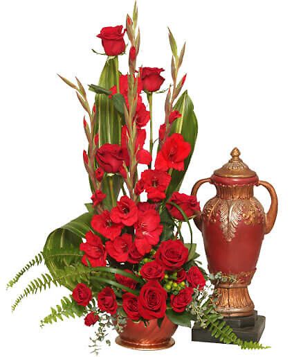 Red Remembrance - Red &amp; Gold Round Design Bowl, Foliage: Variegated Pittosporum, Sword Fern, Aspidistra Leaves, Eucalyptus, Lily Grass, Red Gladiolus, Red Roses , Red Spray Roses , Green Hypericum.