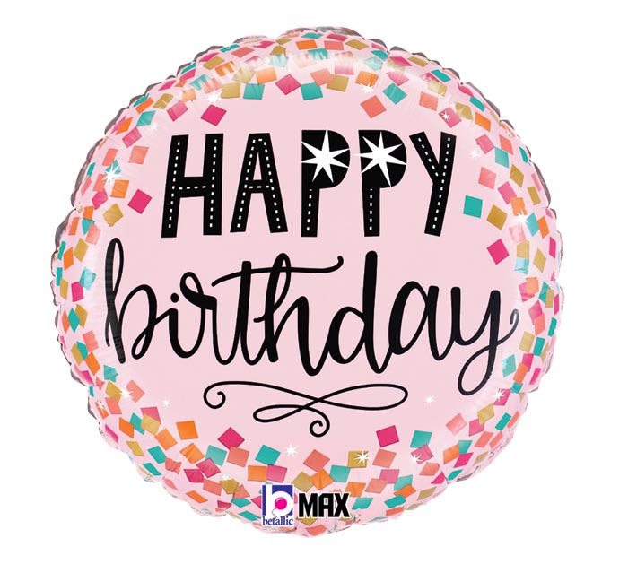 18" Pink Confetti Happy Birthday Mylar - A playful round pink foil balloon printed with "HAPPY birthday" in bold black lettering-this 18" birthday balloon brings instant celebration as a cheerful addition to any birthday flower arrangement or party gift. The multicolored confetti-square border adds a pop of color and movement, making it an ideal birthday flower arrangement topper that will make the person you're thinking of smile the moment they see it.  Inflated to about 18 inches, the shiny foil surface catches light and pairs beautifully with pink blooms or mixed-color bouquets for a coordinated look. Perfect for gifting to friends, family, coworkers, or anyone turning a year older, it functions as both a keepsake and a photo-ready decoration. Ship-ready and easy to add to any floral delivery, the balloon comes pre-printed and complements birthday arrangements without extra setup-no special care required beyond avoiding sharp edges and extreme heat.