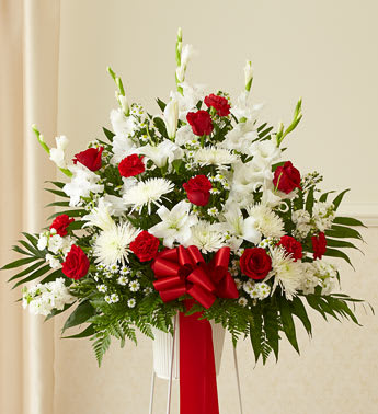 Heartfelt Sympathies Red &amp; White Standing Basket - Product ID: 91267   When you want to convey feelings of love and remembrance, send this standing sympathy basket, beautifully arranged by our expert florists using only the freshest blooms. With red flowers to represent true love and white flowers to symbolize purity and honor, itâs a fitting choice to express all the emotions youâre feeling at this difficult time. Standing basket arrangement of fresh red and white flowers such as roses, lilies, mums, gladiolas, carnations and more Appropriate for family, friends or business associates to send directly to the funeral home Our florists use only the freshest flowers available, so colors and varieties may vary Large measures approximately 38"H x 36"L without stand Medium measures approximately 36"H x 36"L without stand Small measures approximately 34"H x 36"L without stand Stand may not be available in all areas
