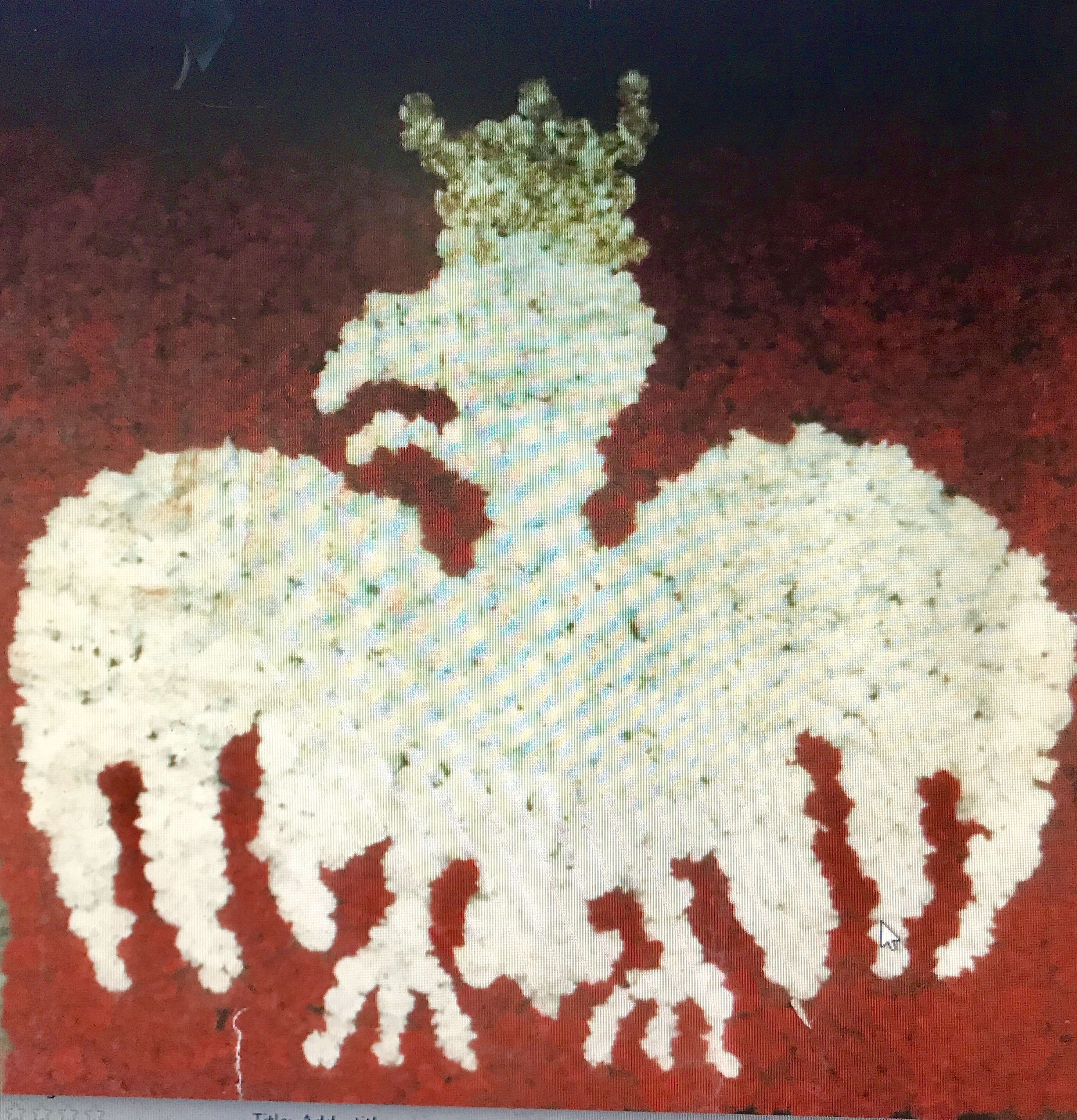 White floral arrangement shaped like a horse on a red background