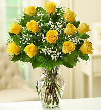 Rose Elegance Premium Long Stem Yellow Roses 12 OR 24 OR 36 - Product ID: 90021  Brighten any celebration with a beautiful and brilliant bouquet of premium long-stem yellow roses. Hand-designed by our select florists, it's a stylish and vibrant gift that's sure to bring sunny smiles to their day. Our florists select only the finest, freshest long-stem yellow roses and arrange them by hand with fresh gypsophila in a classic glass vase Available in bouquets of 12, 24 or 36 stem arrangement measures approximately 22"H x 18"D 12-stem arrangement measures approximately 22"H x 15"D Vase measures 11"H Our florists hand-design each arrangement, so colors, varieties, and container may vary due to local availability
