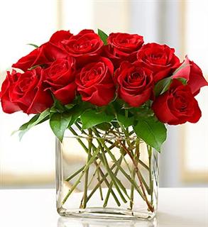 Modern Roses One Dozen Red - Product ID: 90680  Surprise her (or any Mom you know) with this contemporary spin on the traditional dozen roses. Stunning red roses, gathered by our florists in a chic rectangular glass vase and accented with a fashionable butterfly pick. Floral may vary due to local availability. Vase measures 6"H. Arrangement approx. 9"H x 11"W. Also available in pink, yellow and assorted