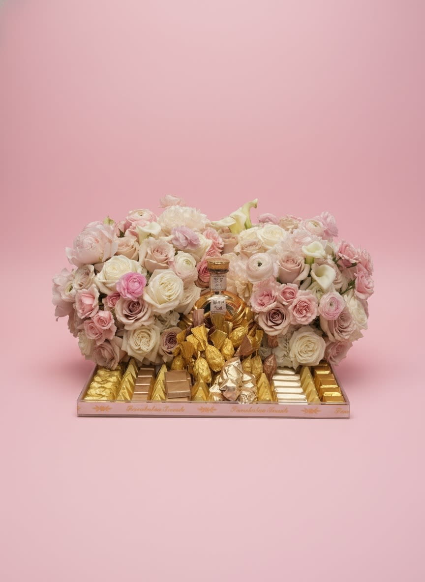 Luxe Blossom Tray - Chocolate and Bottle NOT included    An unforgettable statement of elegance and indulgence, the Rosé Luxe Indulgence Tray features a lush collection of blush, ivory, and soft pink premium blooms, including garden roses, ranunculus, peonies, and delicate calla lilies. Beautifully paired with an assortment of gourmet chocolates and a premium bottle, this handcrafted luxury tray is designed to celebrate life’s most meaningful moments in style. Perfect for birthdays, anniversaries, engagements, bridal celebrations, or simply making someone feel extraordinary. Every arrangement is artfully designed to leave a lasting impression. 
