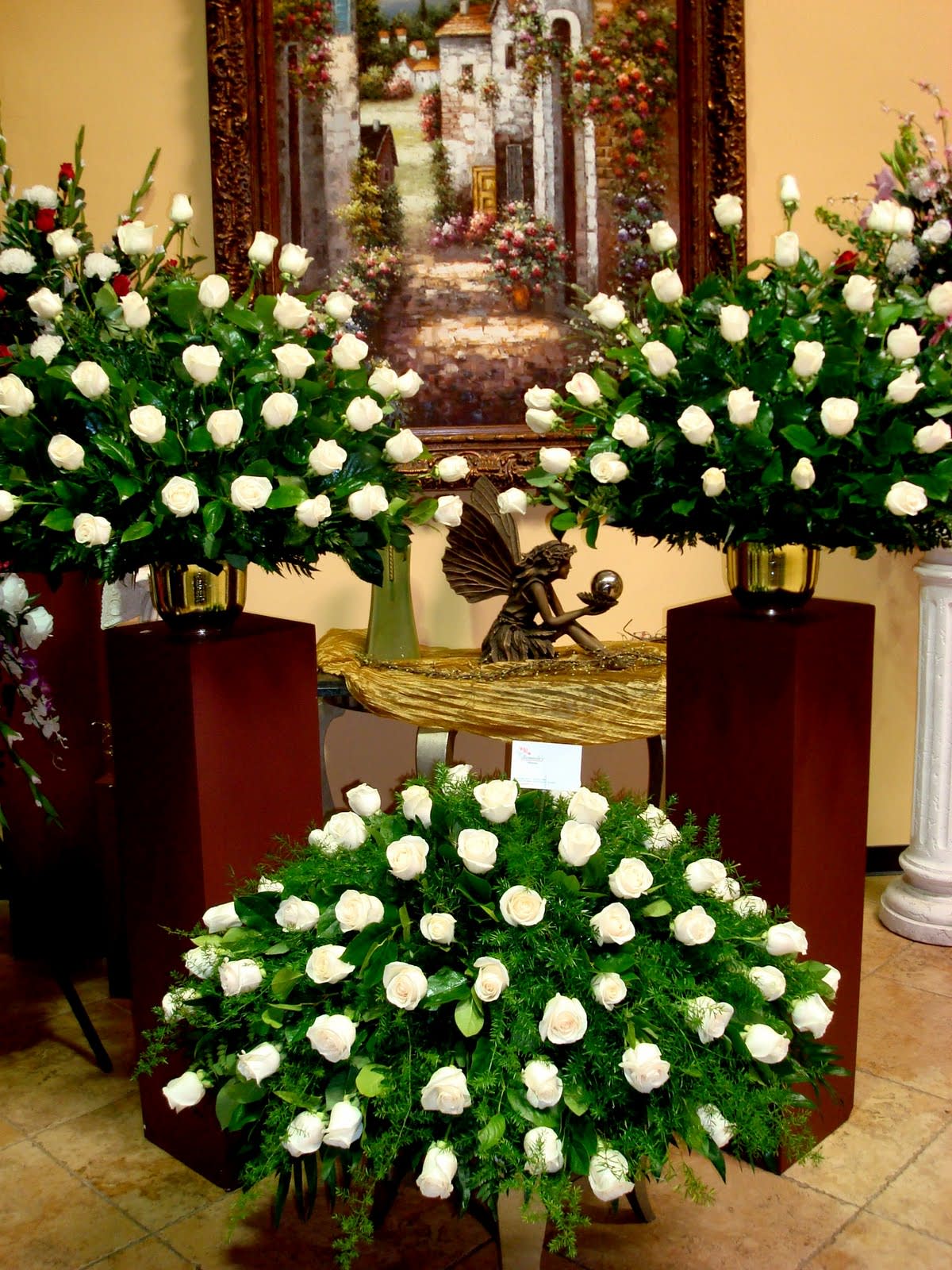 3pc White Rose Package - 3 Piece White Rose Package -1 White Rose Casket Piece  -1 A-line Arrangement -1 A-line Arrangement