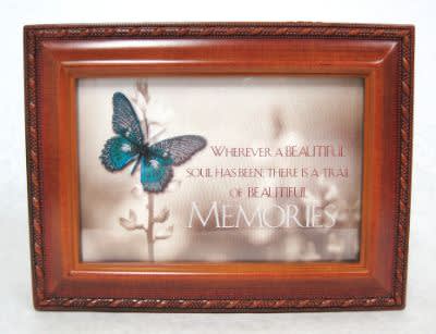 Framed memorial plaque with a blue butterfly and the word Memories
