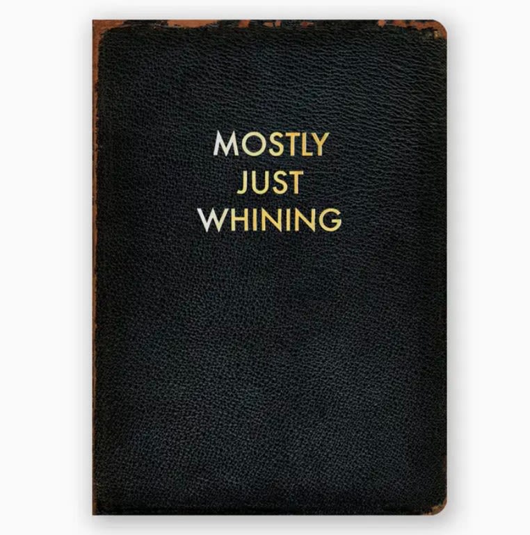 Black notebook with gold text reading Mostly Just Whining