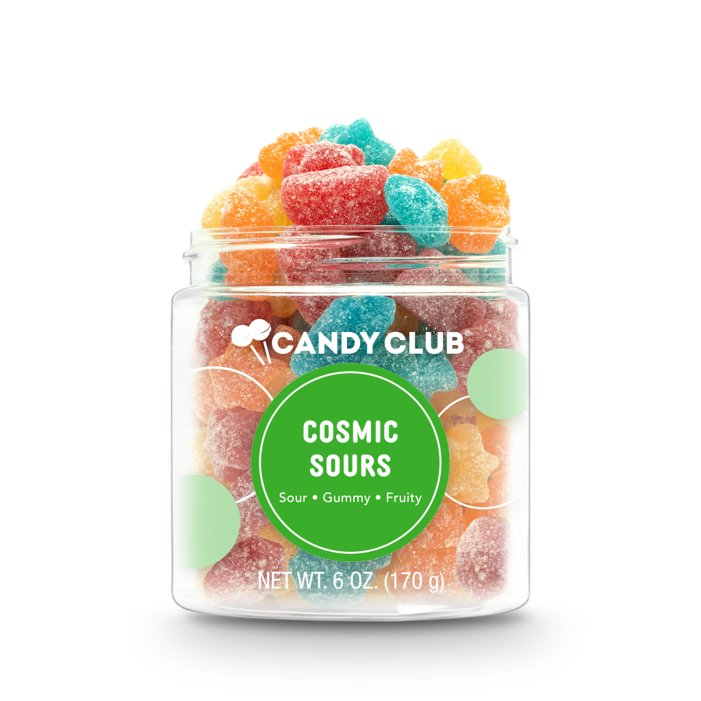 Jar of multicolored sour gummy candies labeled Candy Club Cosmic Sours