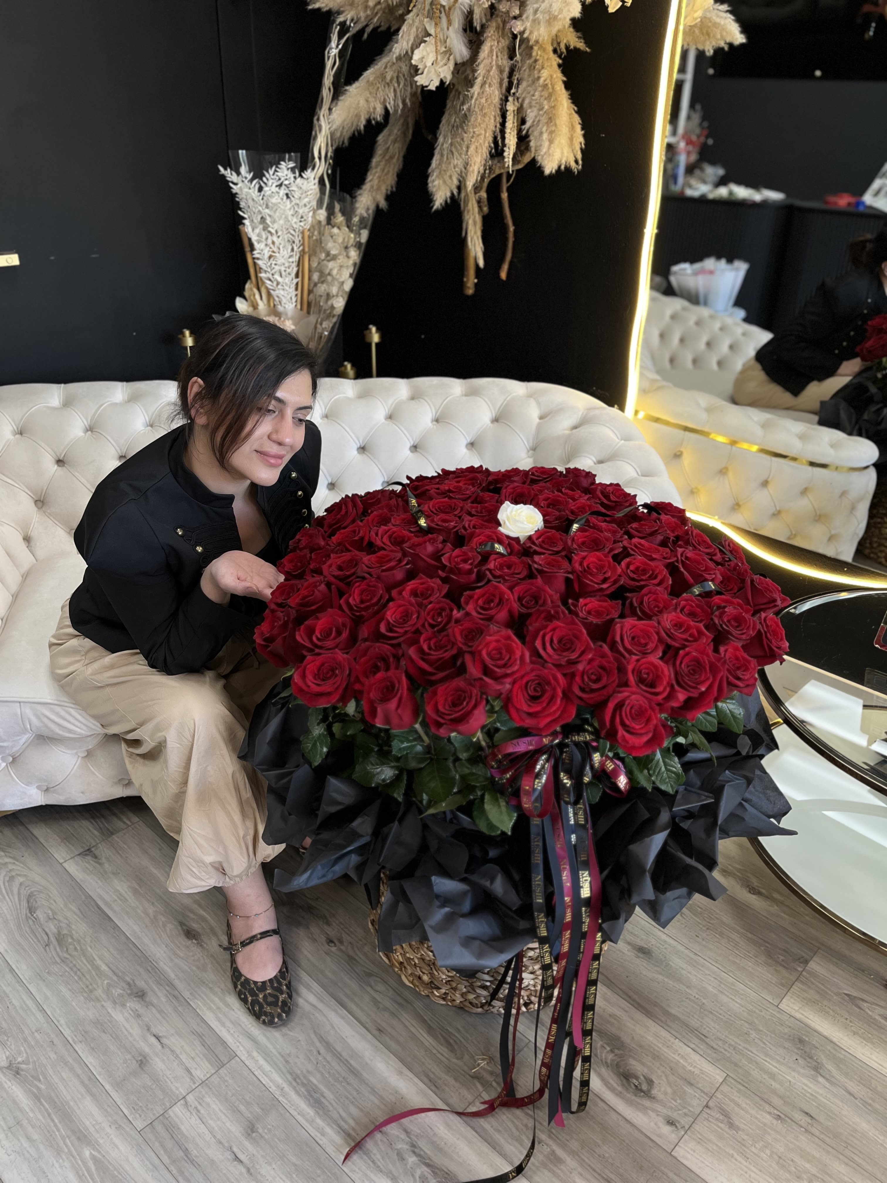 101, 150, 250  Red Plus one white  - 101 roses. And elegant basket with one white rose, styled for weddings and special occasions. 150 roses. And elegant basket with one white rose, styled for weddings and special occasions. 250 roses. An elegant basket with one white rose, styled for weddings and special occasions.      