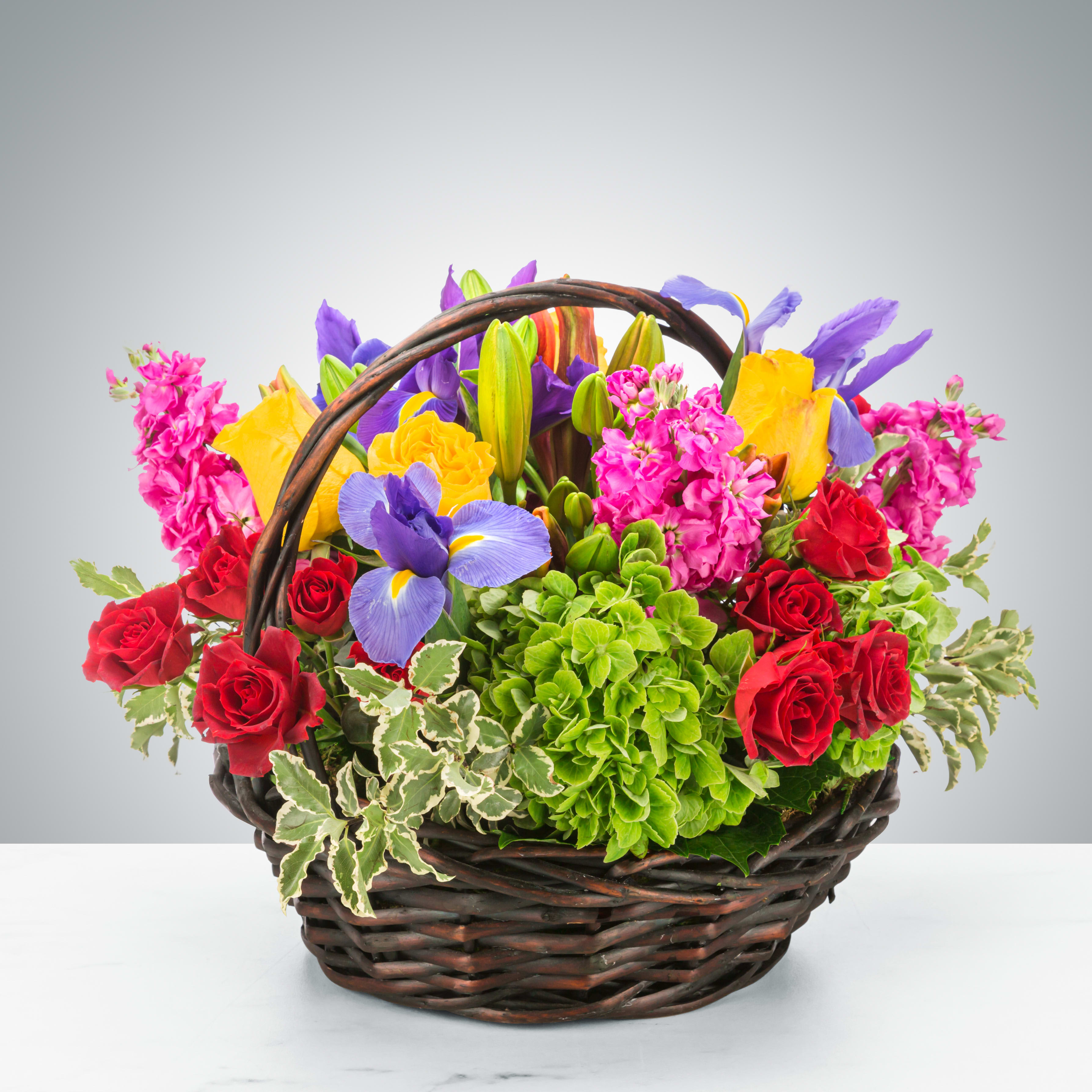 Colorful basket arrangement with red and yellow roses, purple iris, pink blooms, and green hydrangea.